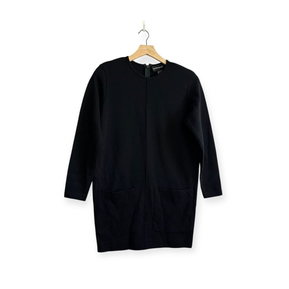 Andrea Jovine Vintage Wool Knit Shift Dress Black P /XS Hong Kong 1980s